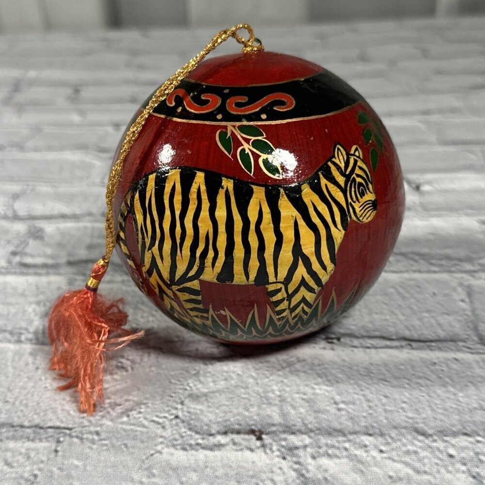 Paper Mache Hand Painted African Tiger Theme Christmas Tree Vintage Ornament